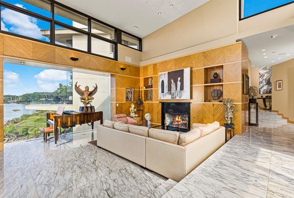 Fireplace, Interior, Living room, Marble, Recessed Lighting, Water