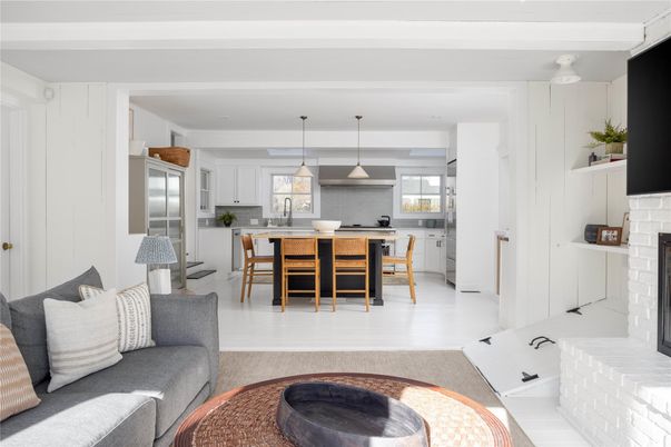 Dining room, Fireplace, Interior, Kitchen, Living room, Pendant Lights