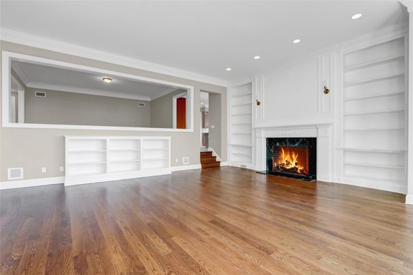 Empty room, Fireplace, Interior, Recessed Lighting, Wood Texture Flooring