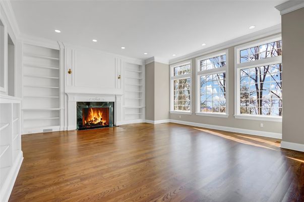 Empty room, Fireplace, Interior, Recessed Lighting, Wood Texture Flooring