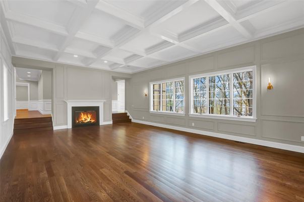 Empty room, Fireplace, Interior, Recessed Lighting, Wood Texture Flooring