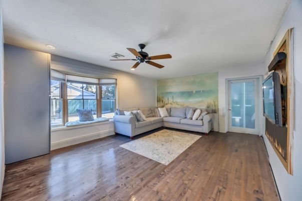 Fireplace, Interior, Living room, Recessed Lighting, Wood Texture Flooring