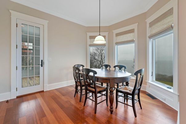 Dining room, Interior, Pendant Lights, Wood Texture Flooring