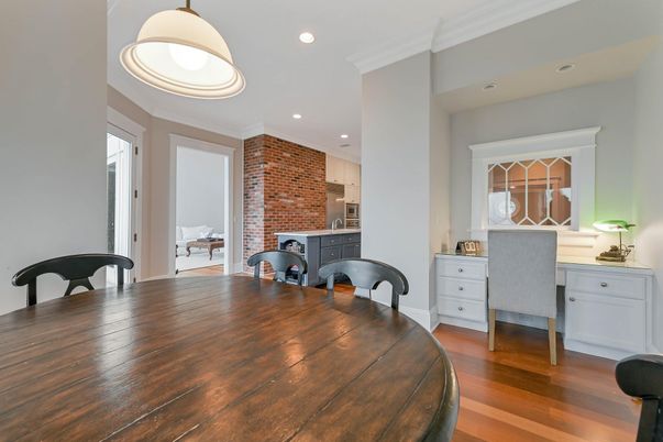 Dining room, Interior, Kitchen, Recessed Lighting, Stone Walls, Wood Texture Flooring