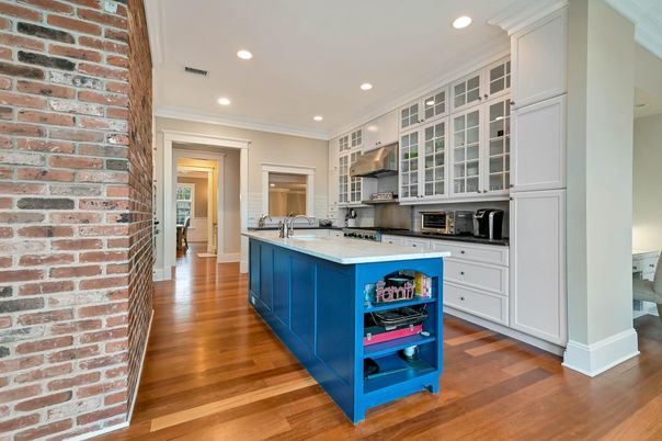 Interior, Kitchen, Recessed Lighting, Stainless Steel Appliances, Stone Walls, Wood Texture Flooring