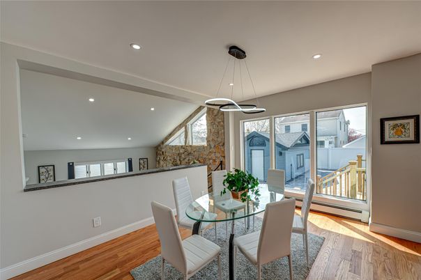 Dining room, Interior, Pendant Lights, Recessed Lighting, Wood Texture Flooring