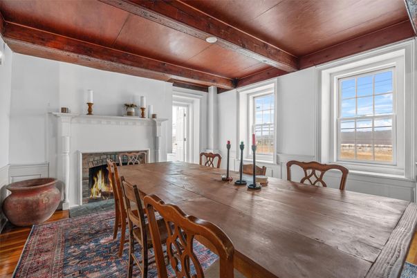 Dining room, Fireplace, Interior, Wooden Beams, Wooden Ceilings, Wood Texture Flooring