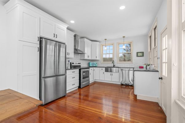 Interior, Kitchen, Pendant Lights, Recessed Lighting, Stainless Steel Appliances, Wood Texture Flooring