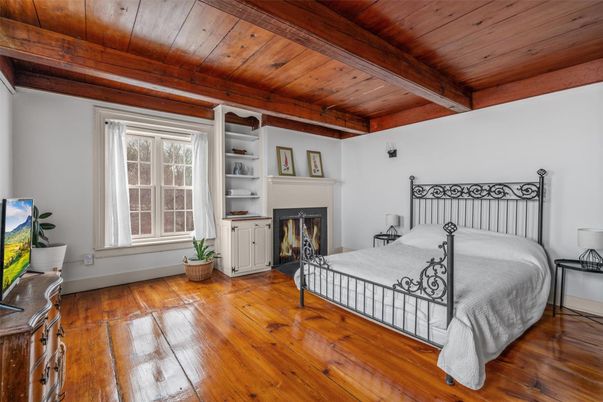 Bedroom, Fireplace, Interior, Wooden Beams, Wooden Ceilings, Wood Texture Flooring