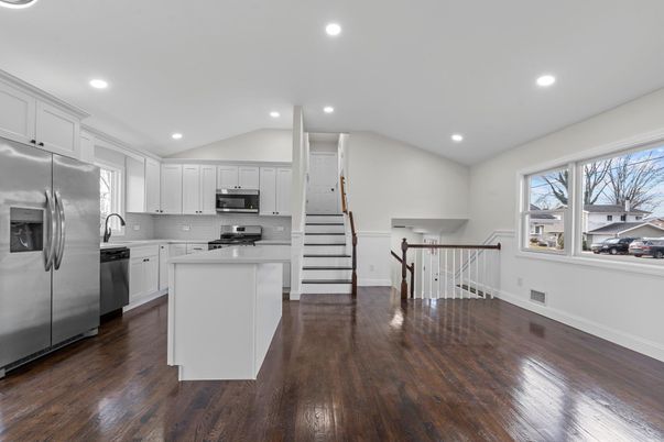 Interior, Kitchen, Recessed Lighting, Stainless Steel Appliances, Wood Texture Flooring