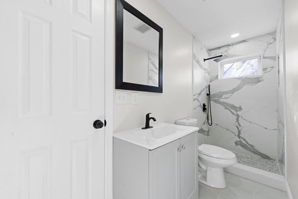 Bathroom, Glass Shower, Interior, Marble Walls, Recessed Lighting