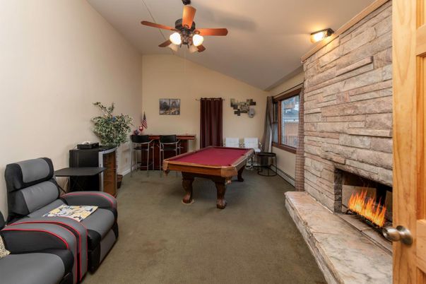 Billiard Table, Fireplace, Game Room, Interior, Stone Walls