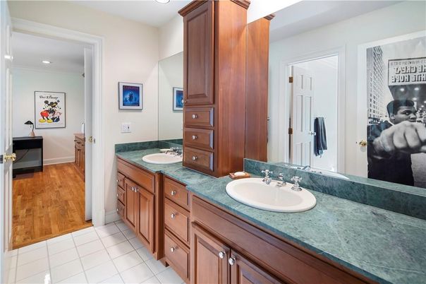 Bathroom, Dual Sink Vanities, Interior, Recessed Lighting, Wood Texture Flooring