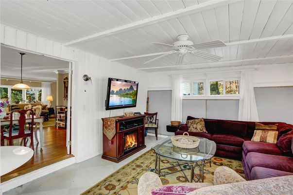 Dining room, Fireplace, Interior, Living room, Pendant Lights, Wood Texture Flooring
