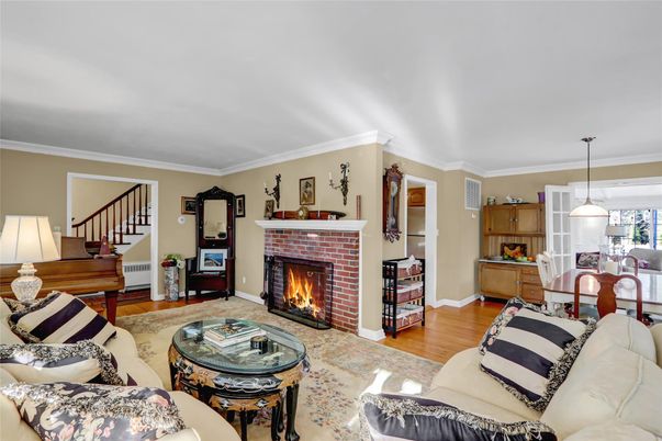 Dining room, Fireplace, Interior, Living room, Pendant Lights, Piano, Wood Texture Flooring