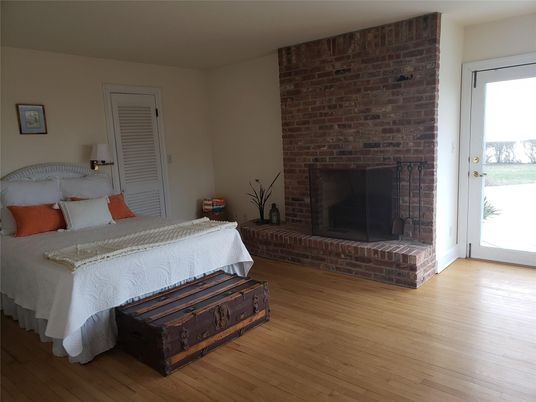 Bedroom, Fireplace, Interior, Stone Walls, Wood Texture Flooring