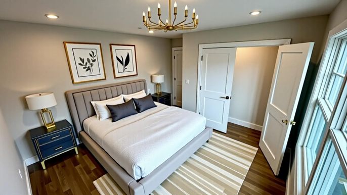 Bedroom, Interior, Pendant Lights, Recessed Lighting, Wood Texture Flooring