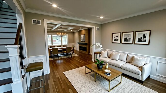Chandelier, Dining room, Interior, Living room, Recessed Lighting, Wood Texture Flooring