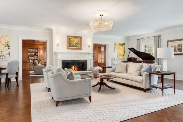Chandelier, Dining room, Fireplace, Interior, Living room, Piano, Wood Texture Flooring