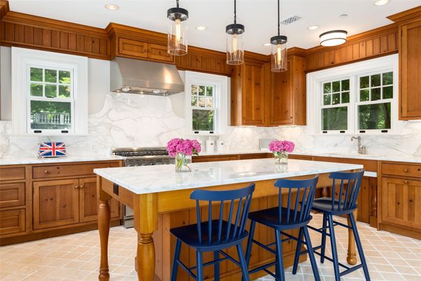 Interior, Kitchen, Marble Walls, Pendant Lights, Recessed Lighting, Stainless Steel Appliances