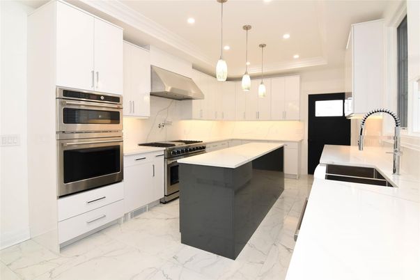 Interior, Kitchen, Marble, Pendant Lights, Recessed Lighting, Stainless Steel Appliances