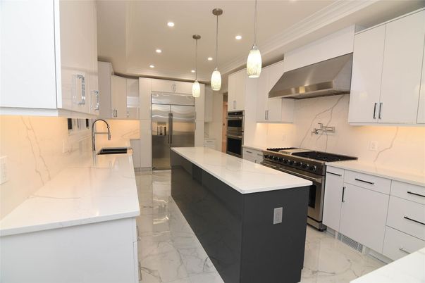 Interior, Kitchen, Marble, Marble Walls, Pendant Lights, Recessed Lighting, Stainless Steel Appliances
