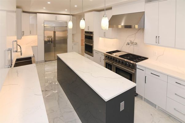 Interior, Kitchen, Marble, Marble Walls, Pendant Lights, Recessed Lighting, Stainless Steel Appliances