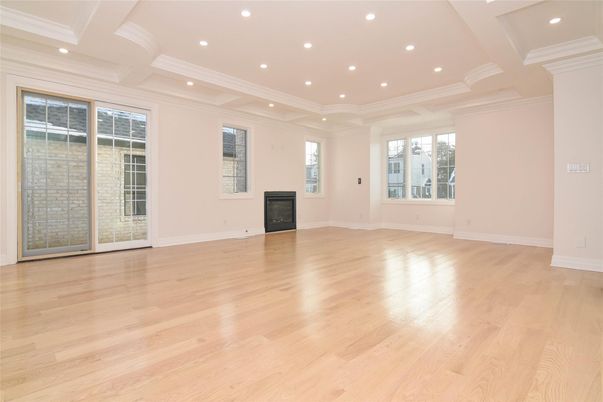 Empty room, Fireplace, Interior, Recessed Lighting, Wood Texture Flooring
