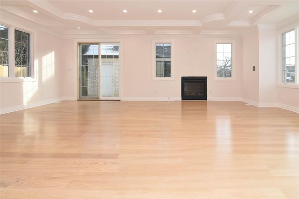 Empty room, Fireplace, Interior, Recessed Lighting, Wood Texture Flooring