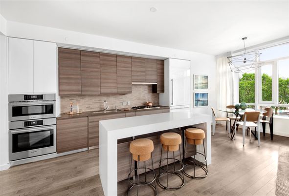 Dining room, Interior, Kitchen, Pendant Lights, Stainless Steel Appliances, Wood Texture Flooring