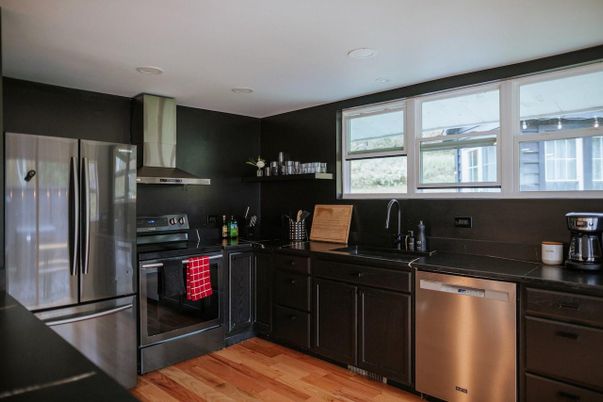 Interior, Kitchen, Recessed Lighting, Stainless Steel Appliances, Wood Texture Flooring