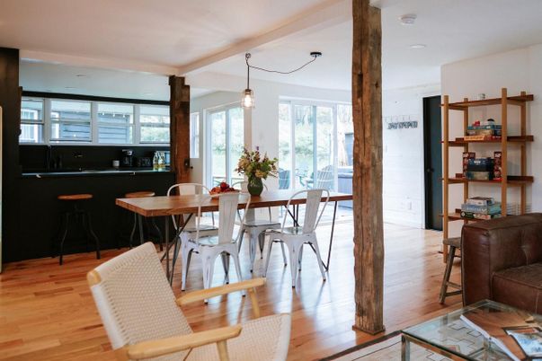 Dining room, Interior, Pendant Lights, Wood Texture Flooring