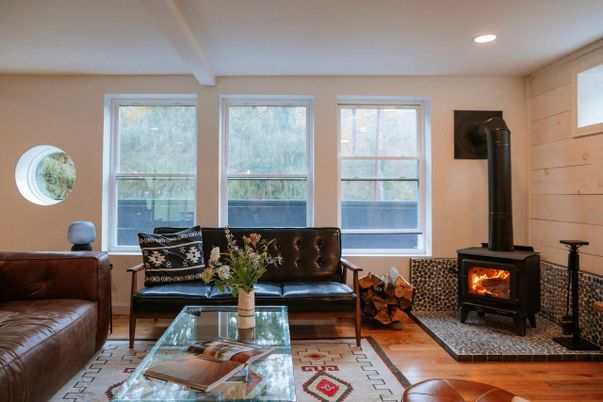Fireplace, Interior, Living room, Recessed Lighting, Wood Texture Flooring
