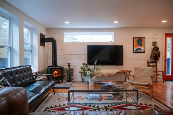 Fireplace, Interior, Living room, Recessed Lighting, Wood Texture Flooring