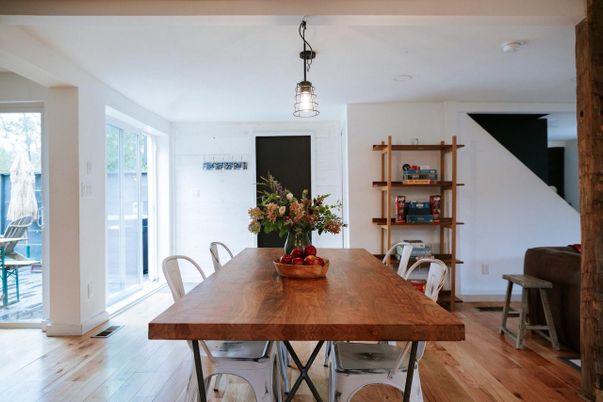 Dining room, Interior, Pendant Lights, Wood Texture Flooring