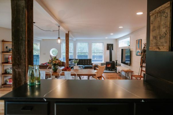 Dining room, Fireplace, Interior, Living room, Pendant Lights, Recessed Lighting, Wood Texture Flooring