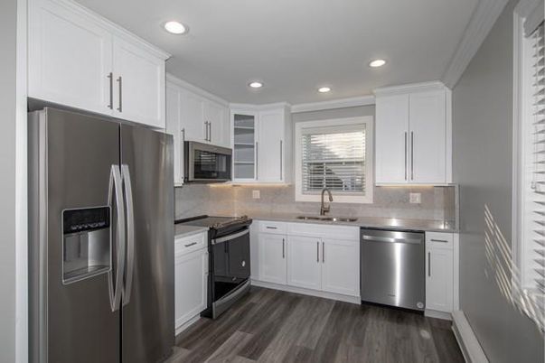 Interior, Kitchen, Recessed Lighting, Stainless Steel Appliances, Wood Texture Flooring