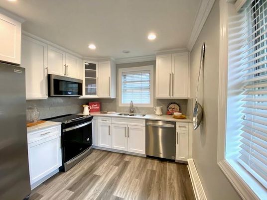 Interior, Kitchen, Recessed Lighting, Stainless Steel Appliances, Wood Texture Flooring