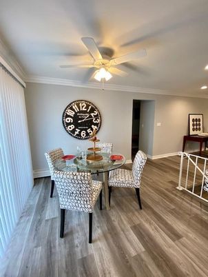 Dining room, Interior, Recessed Lighting, Wood Texture Flooring