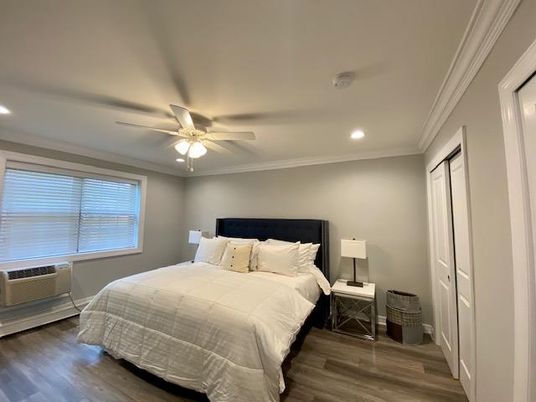 Bedroom, Interior, Recessed Lighting, Wood Texture Flooring
