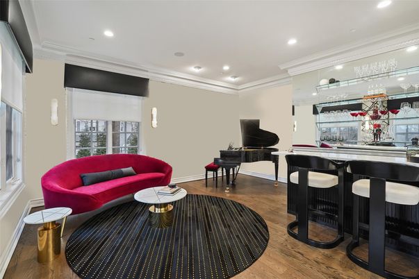 Interior, Living room, Piano, Recessed Lighting, Wood Texture Flooring