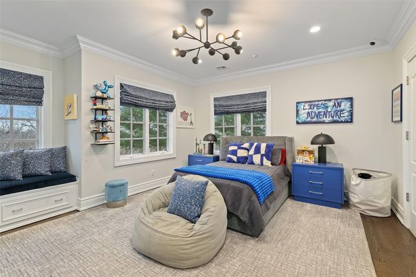 Bedroom, Interior, Pendant Lights, Recessed Lighting, Wood Texture Flooring