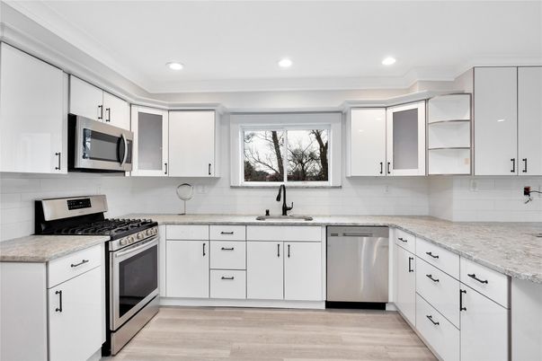 Interior, Kitchen, Recessed Lighting, Stainless Steel Appliances, Wood Texture Flooring