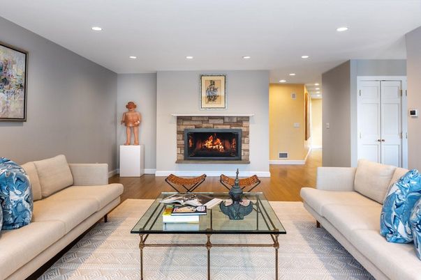 Fireplace, Interior, Living room, Recessed Lighting, Wood Texture Flooring