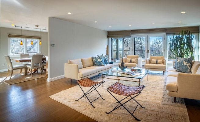Dining room, Interior, Living room, Pendant Lights, Recessed Lighting, Wood Texture Flooring