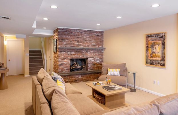 Fireplace, Interior, Living room, Recessed Lighting, Stone Walls