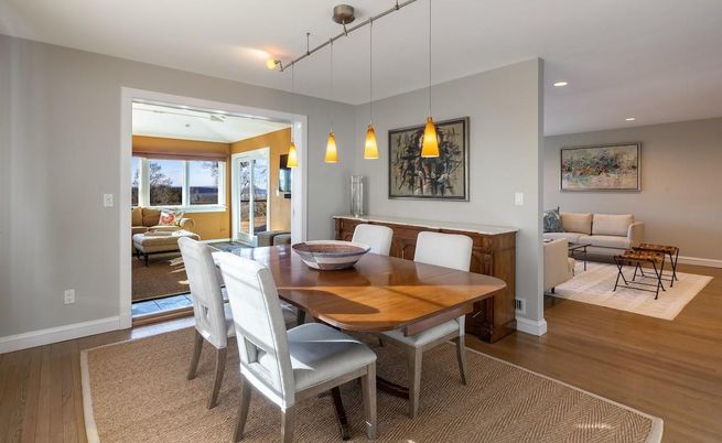 Dining room, Interior, Living room, Pendant Lights, Recessed Lighting, Wood Texture Flooring