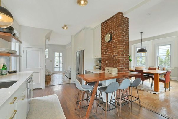Dining room, Interior, Kitchen, Pendant Lights, Stone Walls, Wood Texture Flooring