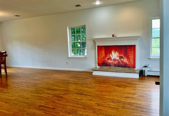 Empty room, Fireplace, Interior, Recessed Lighting, Wood Texture Flooring