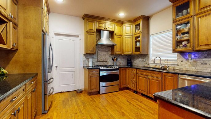 Interior, Kitchen, Recessed Lighting, Stainless Steel Appliances, Wood Texture Flooring